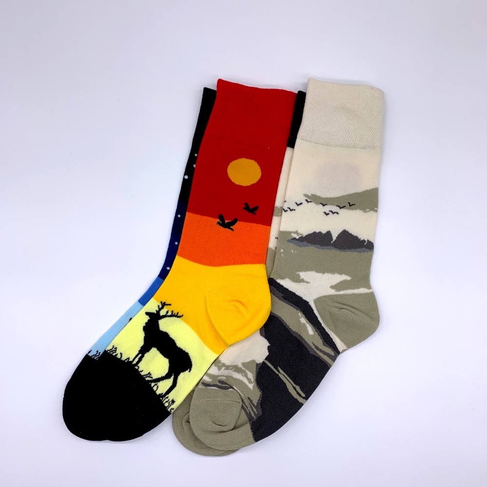 Two Pair Mismatched Outdoors Day Night Sun Moon Orange Blue Yellow Socks
